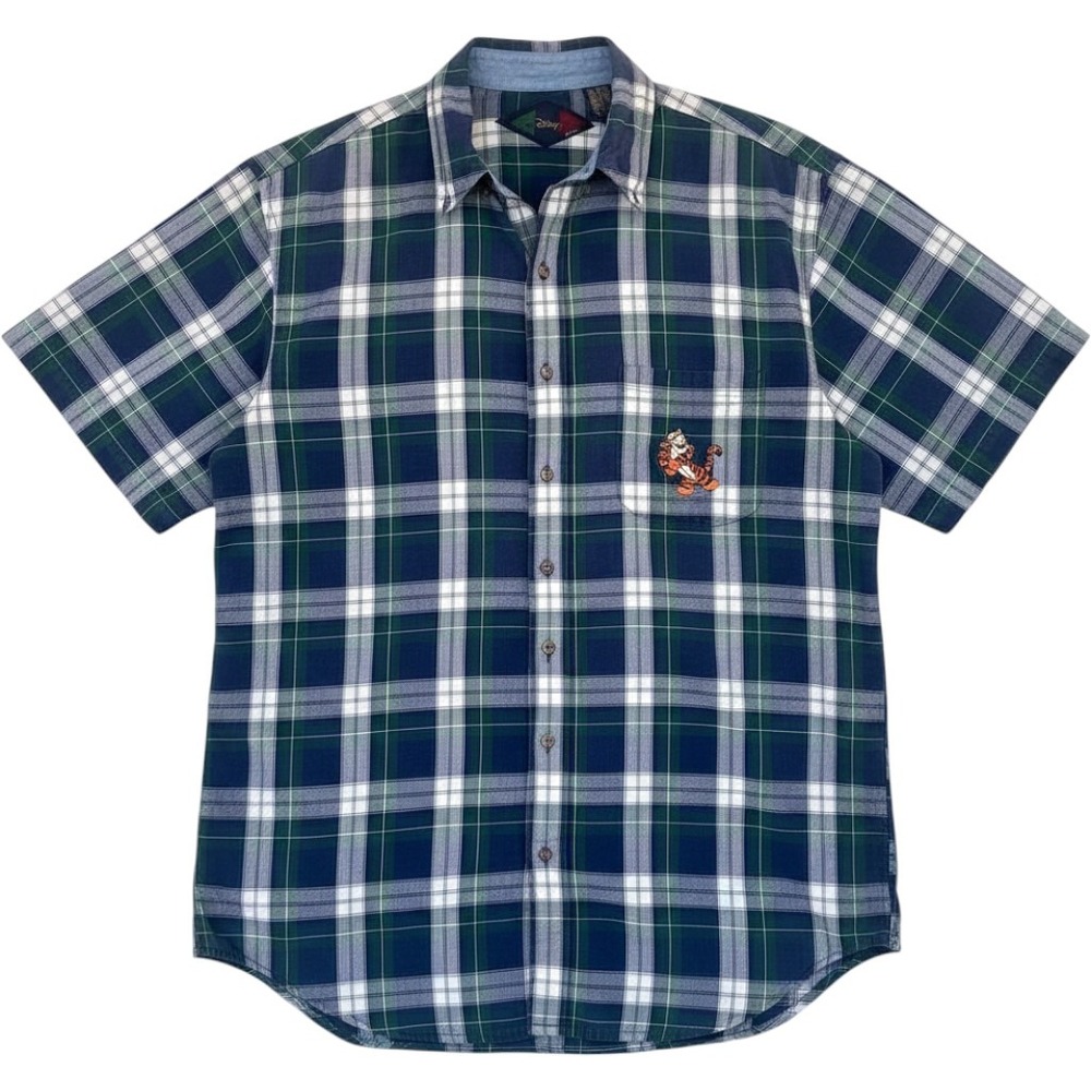 The Disney Store Button Down Shirt Mens L Navy Green Plaid Tigger Vintage 90s